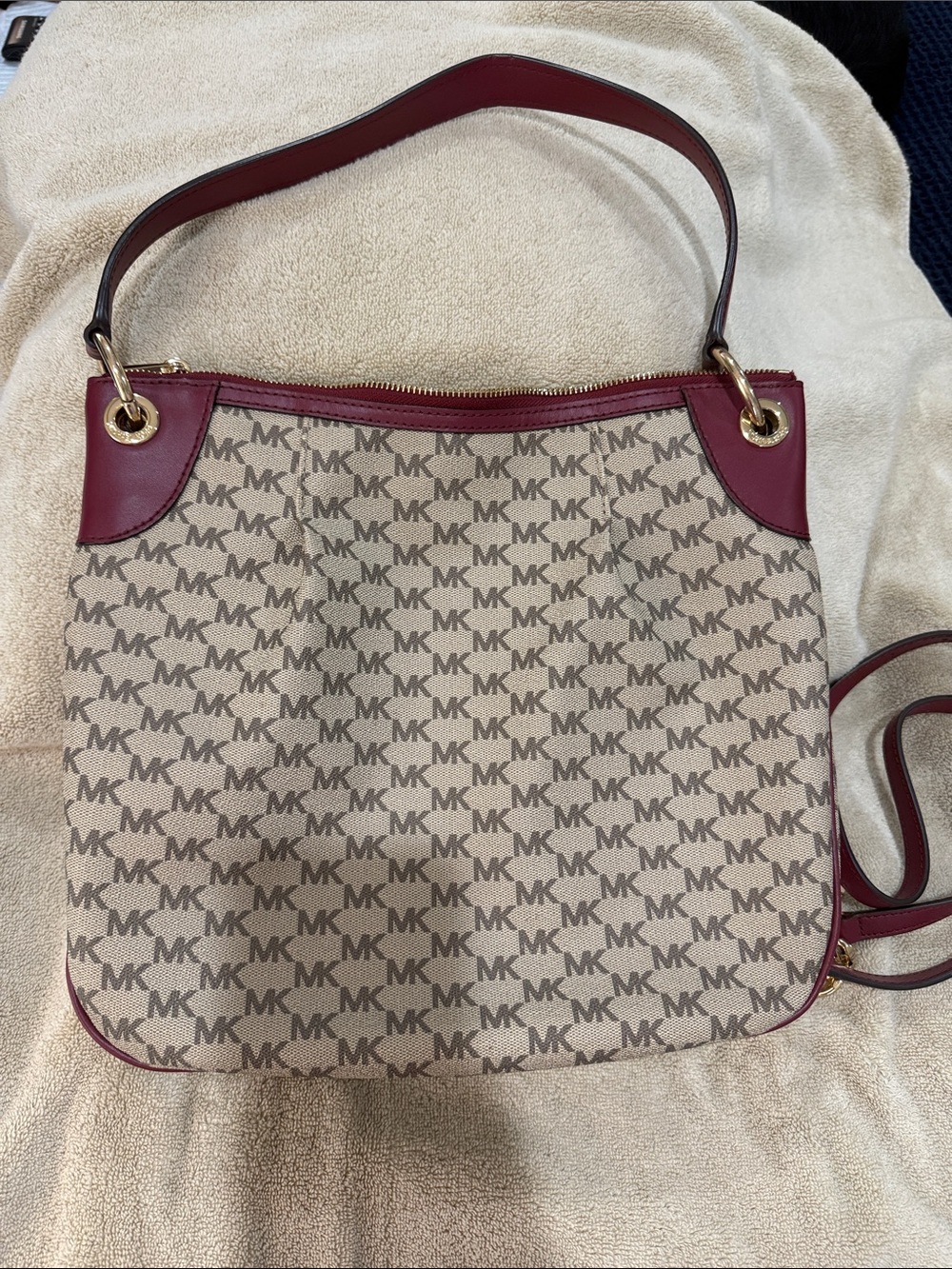 Michael Kors Beige MK Monogram Shoulder Bag with Burgundy Trim